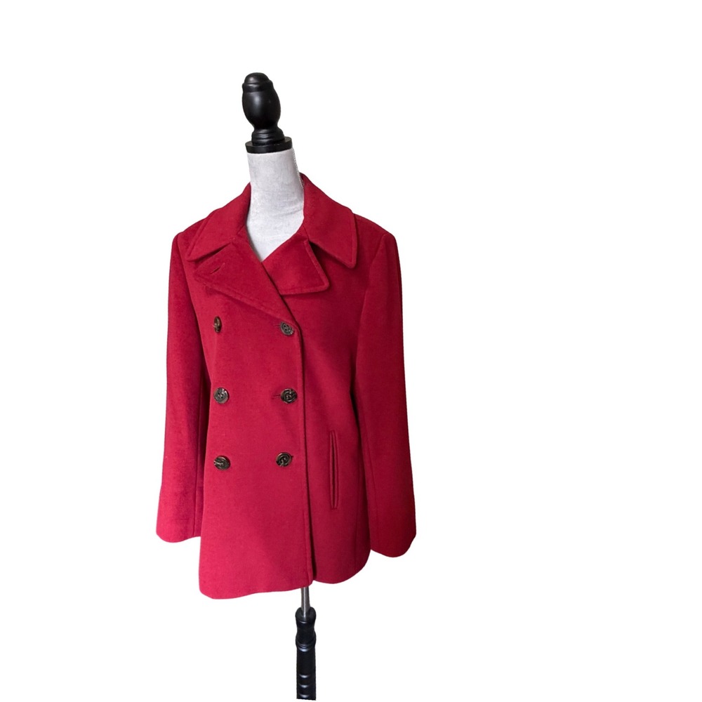 Calvin Klein Women's Red Double Breasted Pea Coat Wool Blend SZ 12 Notched Lapel